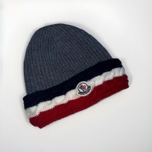 Moncler Mens Tricolor Wool Beanie Hat Logo Patch Red Blue Gray Size Medium Rare